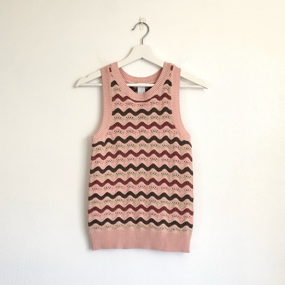 Design History Clara Pink / Olive Green Crochet Sweater Knit Tank Top Size Small